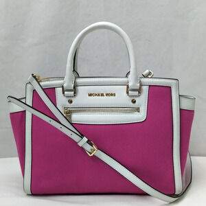 Michael Kors Selma Fuschia Pink Canvas Leather Trim Zipper Satchel Shoulder Bag